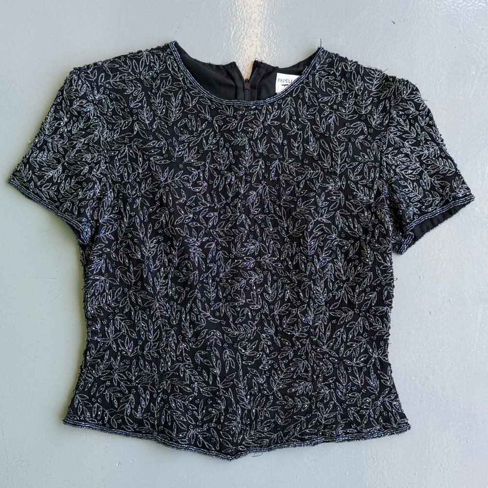 Papell Boutique Black and Silver Glass Beaded Embellished Crop Blouse size S